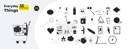 Illustration for Domestic daily black and white 2D line cartoon objects bundle. Plants, cosmetics, veggies isolated vector outline items pack. Tools, accessories monochromatic flat spot illustration collection - Royalty Free Image