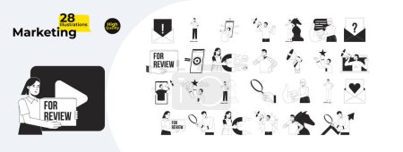 Illustration for Internet marketing strategy black and white 2D illustration concepts bundle. Diverse marketers cartoon outline characters isolated on white. Feedback clients metaphor monochrome vector art collection - Royalty Free Image