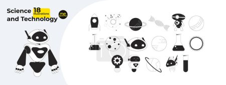 Illustration for Science technology engineering black and white 2D line cartoon objects bundle. Rocket, spheres planets, lab equipment isolated vector outline items. Monochromatic flat spot illustration collection - Royalty Free Image
