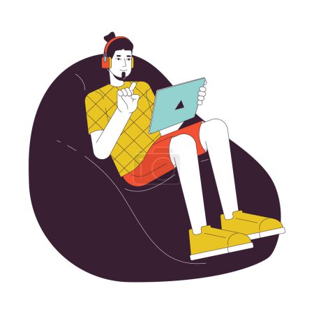 Illustration for Beanbag guy holding tablet 2D linear cartoon character. Headphones young adult man isolated line vector person white background. Movies watching, playing on tablet color flat spot illustration - Royalty Free Image