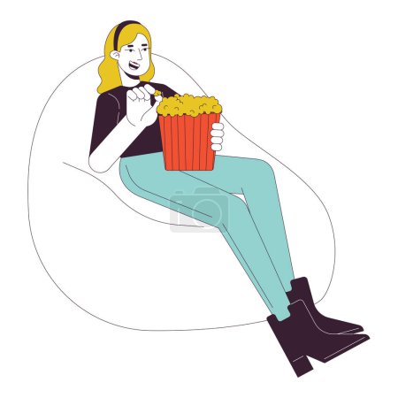 Illustration for Beanbag woman holding popcorn bucket 2D linear cartoon character. Caucasian girl relaxing on sag bag isolated line vector person white background. Movie watching at home color flat spot illustration - Royalty Free Image