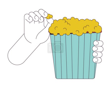 Illustration for Eating popcorn linear cartoon character hand illustration. Holding bucket with popcorn outline 2D vector image, white background. Eating snacks at movie theater editable flat color clipart - Royalty Free Image