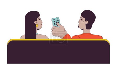 Illustration for Arab couple watching tv 2D linear cartoon characters. Middle eastern bearded man clicking tv remote control isolated line vector people white background. Changing channels color flat spot illustration - Royalty Free Image