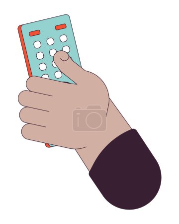 Illustration for Holding tv remote control linear cartoon character hand illustration. Program switch on television outline 2D vector image, white background. Changing channels device editable flat color clipart - Royalty Free Image