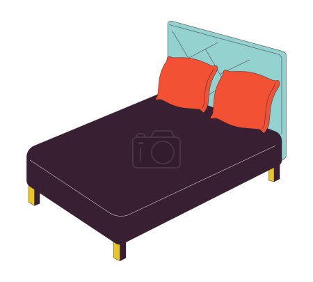 Illustration for Headboard double bed 2D linear cartoon object. Black sheets queen size bed isolated line vector element white background. Comfortable bedding furniture with red pillows color flat spot illustration - Royalty Free Image