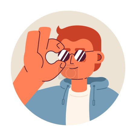 Illustration for Caucasian cool dude adjusting sunglasses 2D vector avatar illustration. Stylish european chill guy cartoon character face portrait. Fashion statement flat color user profile image isolated on white - Royalty Free Image
