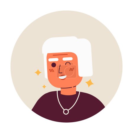 Illustration for Fashionable elderly lady winking expression 2D vector avatar illustration. Sparkle caucasian senior woman cartoon character face portrait. Confident flat color user profile image isolated on white - Royalty Free Image
