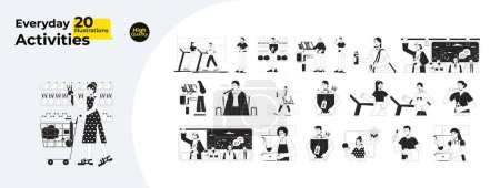 Illustration for Daily life activities black and white cartoon flat illustration bundle. Asian people routine lifestyle 2D lineart characters isolated. Everyday tasks monochrome vector outline image collection - Royalty Free Image