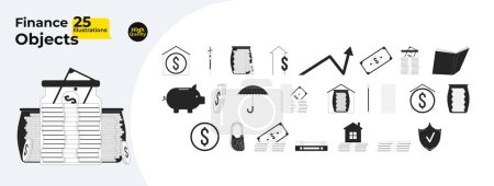 Illustration for Finances money black and white 2D line cartoon objects bundle. Dollar coins, banknotes isolated vector outline items pack. Expenses profits saving monochromatic flat spot illustration collection - Royalty Free Image