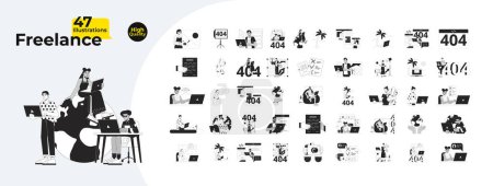 Illustration for Freelance jobs work from home black and white 2D illustration concepts bundle. Diverse freelancers laptops cartoon outline characters isolated on white. 404 error monochrome vector art collection - Royalty Free Image
