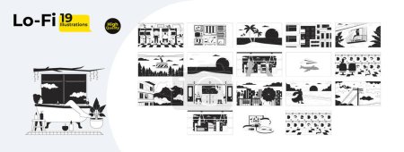 Illustration for Sad nostalgia night time black and white lofi wallpapers bundle. Nostalgic vintage. Dreamy vibes 2D outline scenes cartoon flat illustrations collection. Retro vector line lo fi aesthetic backgrounds - Royalty Free Image