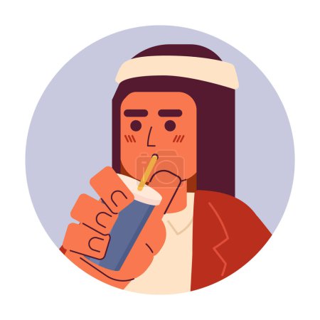 Illustration for Modern saudi guy drinking through straw 2D vector avatar illustration. Holding coffee man wearing kaffiyeh cartoon character face. Smoothie man arab flat color user profile image isolated on white - Royalty Free Image