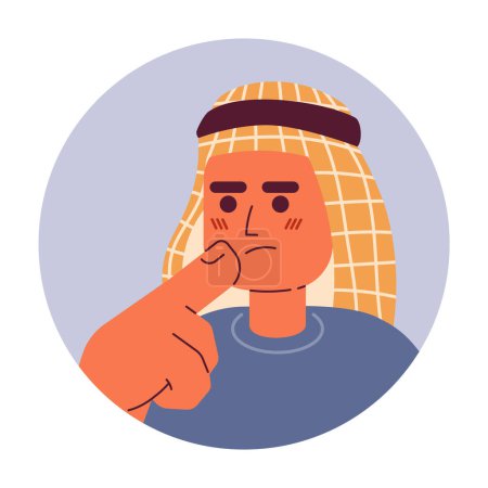 Illustration for Keffiyeh arab man touching chin 2D vector avatar illustration. Head covering guy thoughts staring cartoon character face. Making decision. Body language flat color user profile image isolated on white - Royalty Free Image
