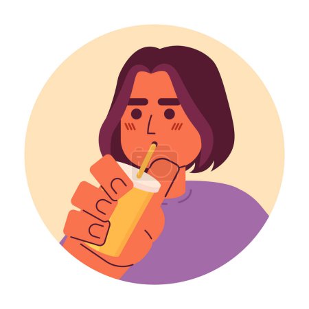 Illustration for Medium-length hair indian man drinking through straw 2D vector avatar illustration. Holding coffee south asian guy cartoon character face. Smoothie male flat color user profile image isolated on white - Royalty Free Image