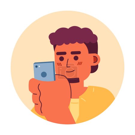 Illustration for Bearded south asian man looking at phone 2D vector avatar illustration. Holding mobile hipster indian beard cartoon character face. Social media user flat color user profile image isolated on white - Royalty Free Image
