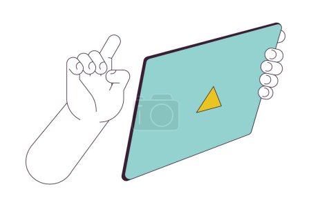 Téléchargez les illustrations : Utilisation tablette électronique linéaire dessin animé personnage mains illustration. Navigation sur Internet sur le contour du gadget image vectorielle 2D, fond blanc. Achats en ligne, défilement modifiable clipart couleur plate - en licence libre de droit