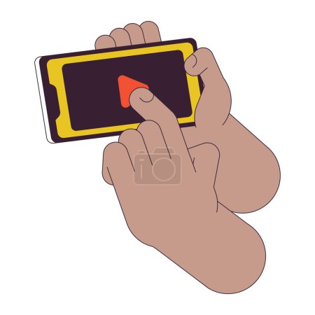 Illustration for Pressing playing on mobile phone linear cartoon character hands illustration. Clicking play on smartphone outline 2D vector image, white background. Watching video online editable flat color clipart - Royalty Free Image
