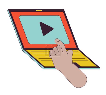 Illustration for Watching streaming platform on laptop linear cartoon character hand illustration. Using video player on notebook outline 2D vector image, white background. Entertainment editable flat color clipart - Royalty Free Image