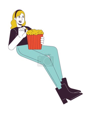 Téléchargez les illustrations : Femme caucasienne blonde mangeant du pop-corn personnage de dessin animé linéaire 2D. Regarder un film dans le cinéma fille isolé ligne vecteur personne fond blanc. Divertissement spectacle couleur plat spot illustration - en licence libre de droit