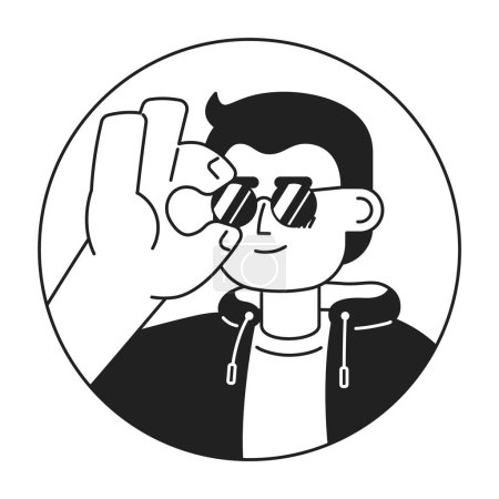 Illustration for Caucasian cool dude adjusting sunglasses black and white 2D vector avatar illustration. Stylish european chill guy outline cartoon character face isolated. Fashion statement flat user profile image - Royalty Free Image