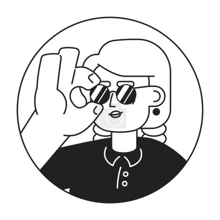 Illustration for Cool young girl wearing sunglasses black and white 2D vector avatar illustration. Fashionable caucasian female blonde outline cartoon character face isolated. Express yourself flat user profile image - Royalty Free Image
