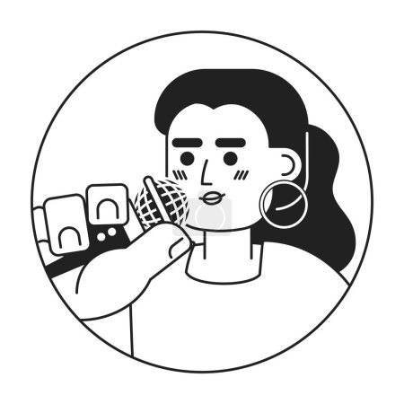 Illustration for Hoops caucasian woman singer speaker black and white 2D vector avatar illustration. European female speaking into mic outline cartoon character face isolated. Mike announcer flat user profile image - Royalty Free Image