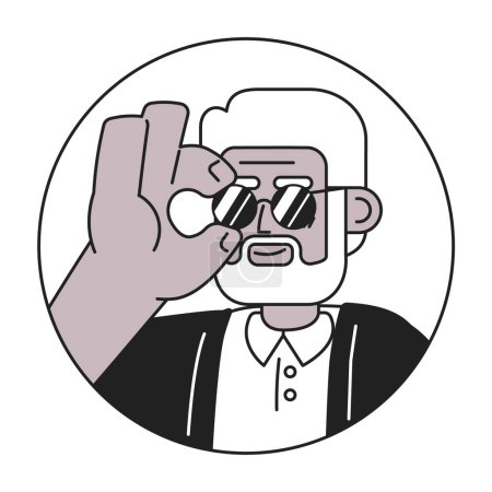 Illustration for Elderly grey-haired black man adjusting sunglasses black and white 2D vector avatar illustration. Stylish grandpa outline cartoon character face isolated. Fashion statement flat user profile image - Royalty Free Image