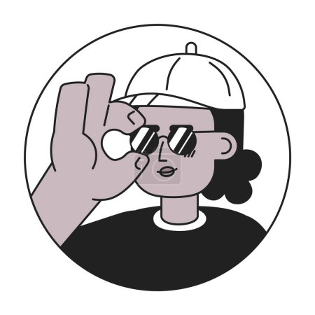 Illustration for Baseball cap black woman wears sunglasses black and white 2D vector avatar illustration. Trendy african american girl outline cartoon character face isolated. Express yourself flat user profile image - Royalty Free Image