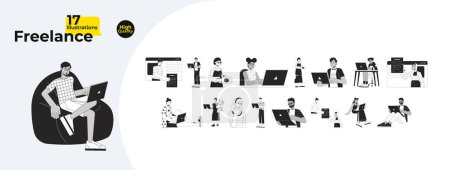 Illustration for Diverse freelancers laptops black and white cartoon flat illustration bundle. Telecommuting adults multicultural 2D lineart characters isolated. Teleworking monochrome vector outline image collection - Royalty Free Image