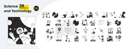 Photo for Science and technology black and white 2D illustration concepts bundle. White coat researchers diverse cartoon outline characters isolated on white. Robotics 404 error monochrome vector art collection - Royalty Free Image