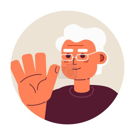 Illustration for Elderly caucasian man waving hand greeting 2D vector avatar illustration. Handwave old man european cartoon character face. Welcome gesture grandfather flat color user profile image isolated on white - Royalty Free Image