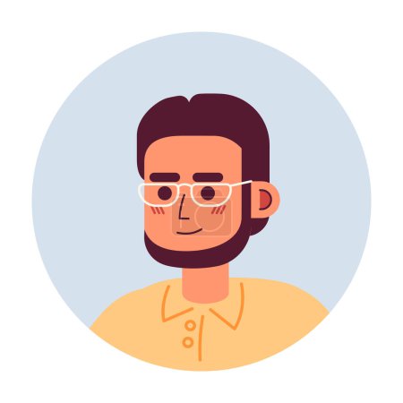 Illustration for Eyeglasses bearded asian man relaxed standing 2D vector avatar illustration. Cheerful mature male cartoon character face. Confident headshot posing flat color user profile image isolated on white - Royalty Free Image