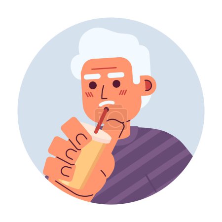 Illustration for Gray haired old man drinking through straw 2D vector avatar illustration. Holds coffee takeaway asian senior cartoon character face. Japanese man chill flat color user profile image isolated on white - Royalty Free Image