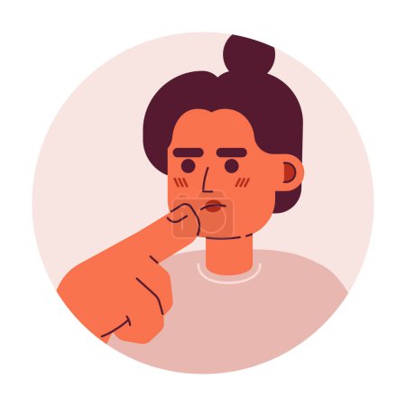 Illustration for Top knot bun latina woman stroking chin 2D vector avatar illustration. Hispanic girl thinking hard cartoon character face. Choice making. Hand gesture flat color user profile image isolated on white - Royalty Free Image