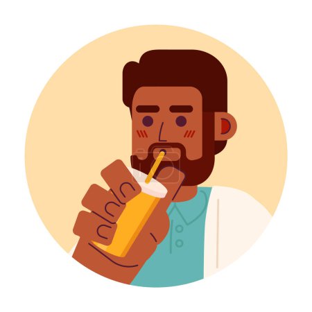 Illustration for Bearded black guy drinking straw 2D vector avatar illustration. Holding coffee male with beard cartoon character face. Smoothie man african american flat color user profile image isolated on white - Royalty Free Image