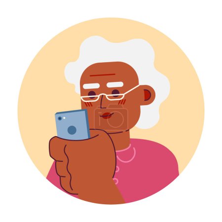 Illustration for Smartphone woman black granny eyeglasses 2D vector avatar illustration. Phone scrolling grandma african american cartoon character face. Mobile user flat color user profile image isolated on white - Royalty Free Image
