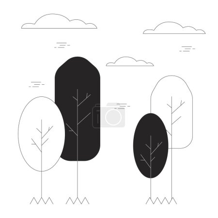 Téléchargez les illustrations : Automne parc arbres noir et blanc ligne 2D objet de dessin animé. La nature tombe, les nuages au-dessus. Septembre paysage isolé élément vectoriel contour. Illustration monochromatique des taches plates de l'environnement rural - en licence libre de droit