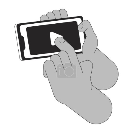 Illustration for Pressing playing on mobile phone cartoon human hands outline illustration. Clicking play on smartphone 2D isolated black and white vector image. Watch video online flat monochromatic drawing clip art - Royalty Free Image