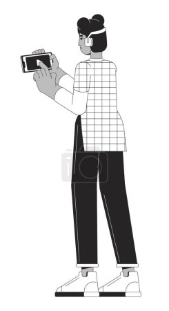 Illustration for Black girl listening music streaming black and white 2D line cartoon character. African american young woman clicking play on phone isolated vector outline person. Monochromatic flat spot illustration - Royalty Free Image