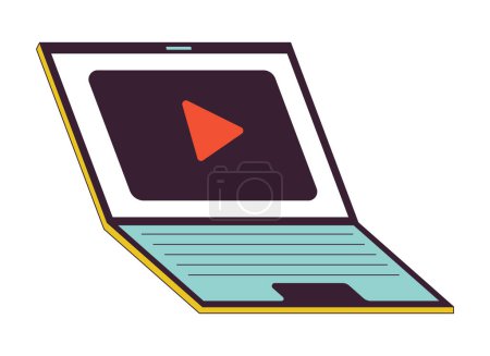 Illustration for Video player on laptop 2D linear cartoon object. Streaming platform notebook isolated line vector element white background. Live stream app on portable computer color flat spot illustration - Royalty Free Image
