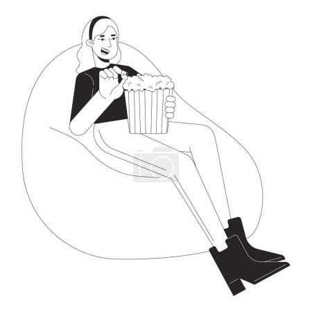 Illustration for Beanbag woman holding popcorn bucket black and white 2D line cartoon character. Caucasian girl relaxing on sag bag isolated vector outline person. Movie at home monochromatic flat spot illustration - Royalty Free Image