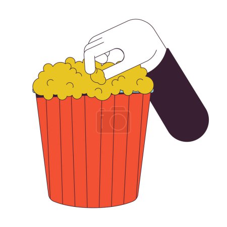 Illustration for Grabbing popcorn out bucket linear cartoon character hand illustration. Taking popcorn from box striped square outline 2D vector image, white background. Eating fastfood editable flat color clipart - Royalty Free Image