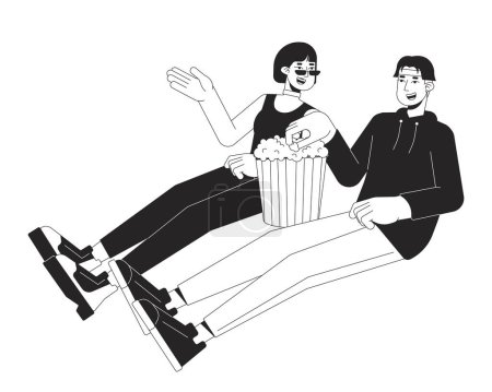 Koreanische junge erwachsene Paar diskutiert Film schwarz-weiß 2D-Linie Cartoon-Figuren. Freund Freundin Film anschauen zusammen isolierte Vektorumrisse Menschen. Monochromatische Flachbild-Illustration