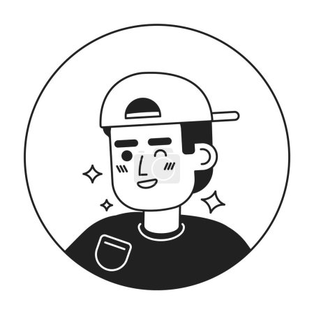 Illustration for Backwards baseball cap latino guy winking smiling black and white 2D vector avatar illustration. College student sparkling outline cartoon character face isolated. Flirty guy flat user profile image - Royalty Free Image