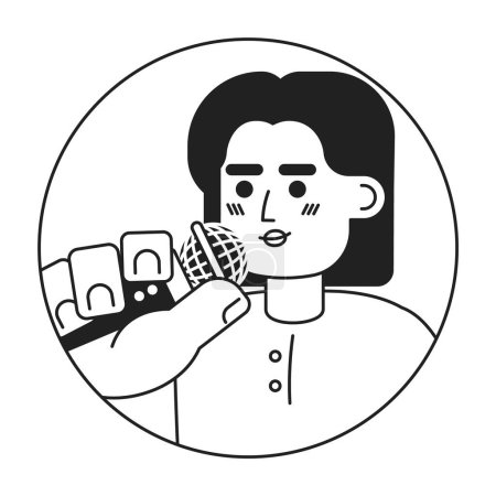 Illustration for Professional latinamerican female speaker black and white 2D vector avatar illustration. Office lady speaking into mic outline cartoon character face isolated. Mike announcer flat user profile image - Royalty Free Image