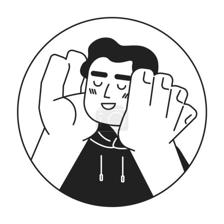 Ilustración de Relajado hombre hispano sonriendo manos en la cara en blanco y negro avatar vector ilustración 2D. Linda cara de personaje de dibujos animados contorno adulto soñando despierto aislado. Ama tu imagen de perfil de usuario plano - Imagen libre de derechos