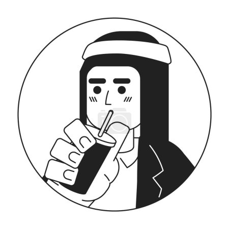 Illustration for Modern saudi guy drinking through straw black and white 2D vector avatar illustration. Holding coffee man wearing kaffiyeh outline cartoon character face isolated. Smoothie man arab flat portrait - Royalty Free Image