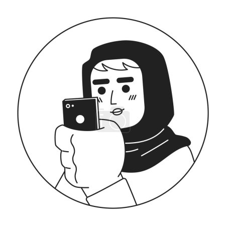 Ilustración de Smartphone mujer árabe hijab blanco y negro 2D vector avatar ilustración. Teléfono de desplazamiento musulmana chica contorno de dibujos animados cara de personaje aislado. Retrato plano femenino del pañuelo de cabeza del usuario móvil de Internet - Imagen libre de derechos