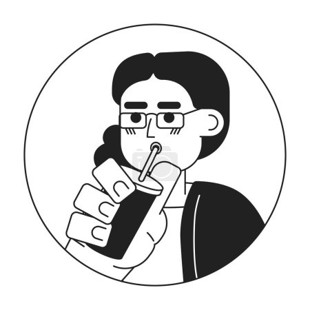 Illustration for Arab middle aged adult woman sipping straw black and white 2D vector avatar illustration. Coffee enjoying middle eastern lady outline cartoon character face isolated. Drinking shake flat portrait - Royalty Free Image