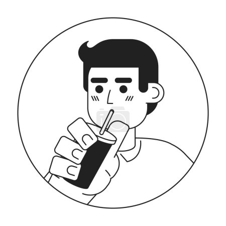 Illustration for Chilling caucasian guy drinking through straw black and white 2D vector avatar illustration. Holding coffee european young adult outline cartoon character face isolated. Smoothie man flat portrait - Royalty Free Image